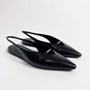 PRADA Black Slingback Ballet Flats 40 US 9.5 Point Toe Logo Flat Brushed Leather